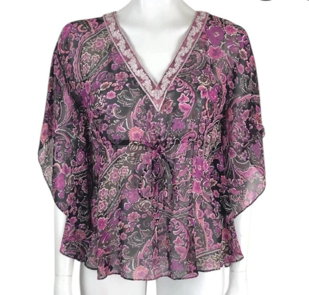 Vtg '05 Y2k Banana Republic SIZE M/L 100% Silk Beaded Purple Paisley Blouse Top